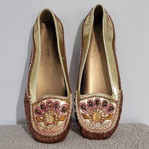 Predictions women's size 8 gold, tan, bejeweled moccasins.